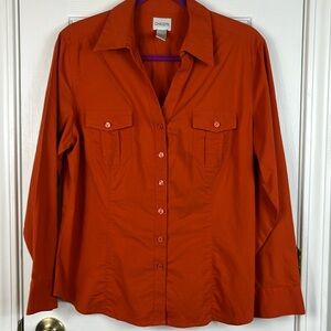 Chico’s rust colored button down long sleeved shirt size2 (12-14). Pockets